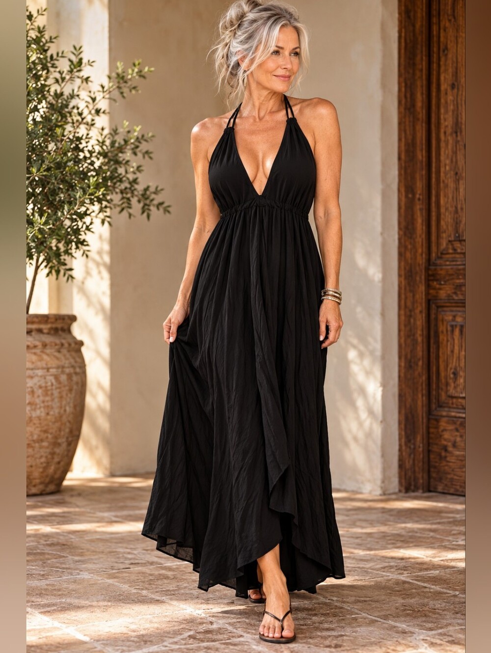Love Stitch Black Halter Maxi Dress Plunge Open Back Boho Resort M